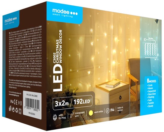 Rideau lumineux Modee 3x2 mètres - Éclairage de Noël pour extérieur et intérieur - 192 lumières LED - 8 modes d'éclairage - IP44 - 2700K - Lumière Wit chaude - 5 pièces