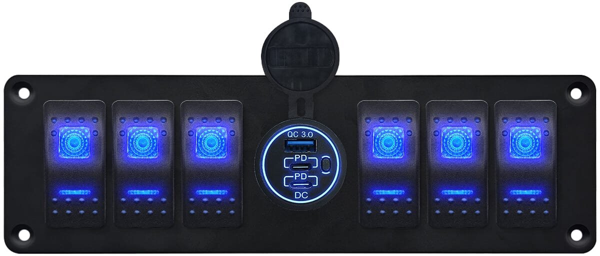 ProRide Schakelpaneel 12V voor Auto/Boot - USB/USB C Stopcontact 3 Poorten met schakelaar - QC3.0 - 6 schakelaars - Blauw