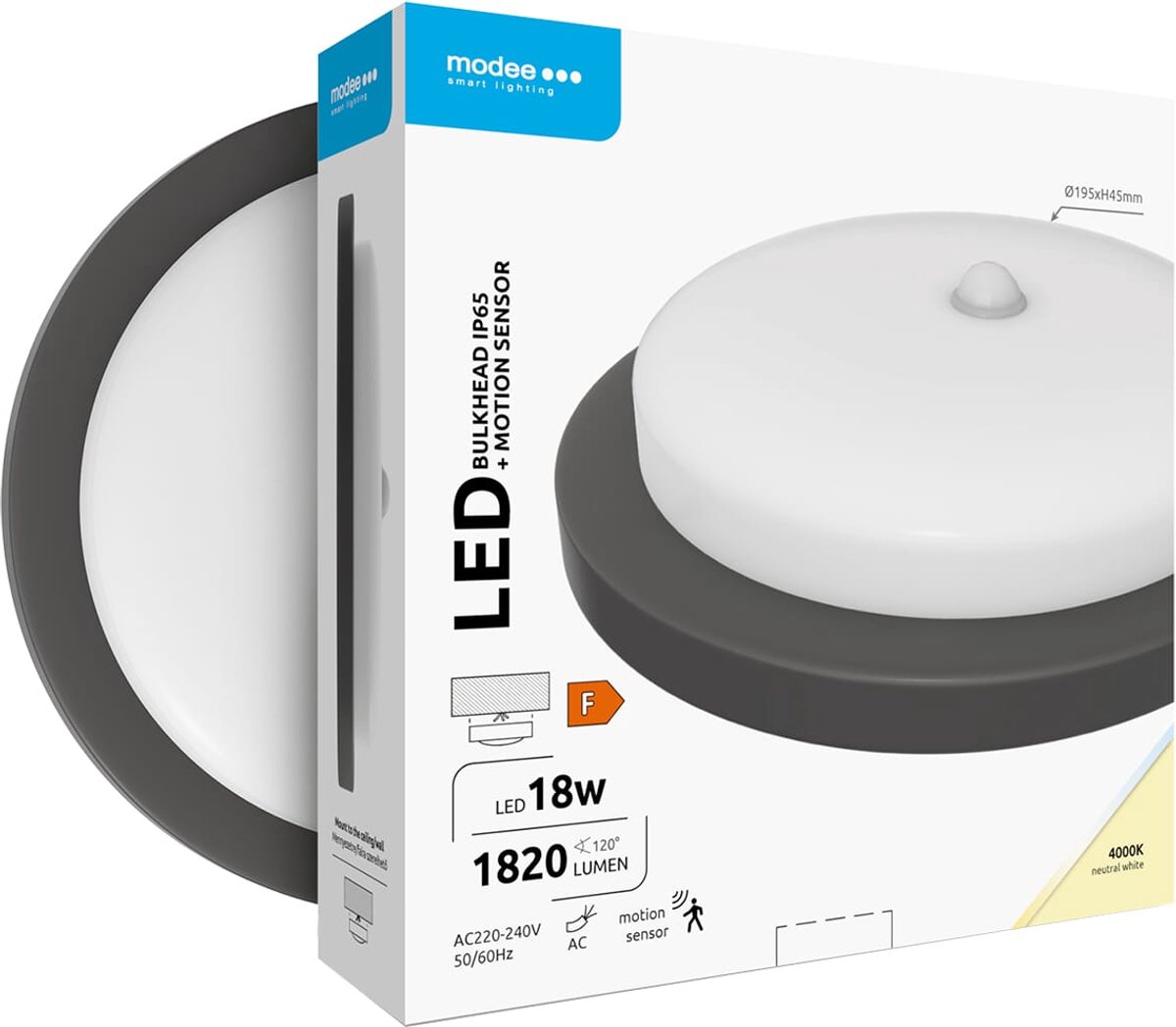 Modee Led Bulkhead Wandlamp 18W met Beweginssensor PIR - IP65 - Ø19.5cm - Neutraal Wit - Wand-/Plafondlamp - Rond - Zwart