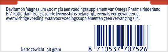 Barcode en netto gewicht van Davitamon Magnesium 400 mg.