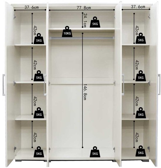 Armoire Nikkie | 183x160x52cm | 4 portes | blanc - Rousseau - Armoires de chambre à coucher - Blanc - Panneaux de particules - Armoires de chambre à coucher