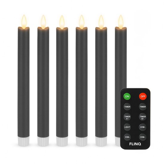 FlinQ LED Dinerkaarsen met Bewegende Vlam - Nep Kaarsen met Flikkerende Vlam - Inclusief Afstandsbediening met Timer En Dimfunctie - 6 Stuks - Antraciet