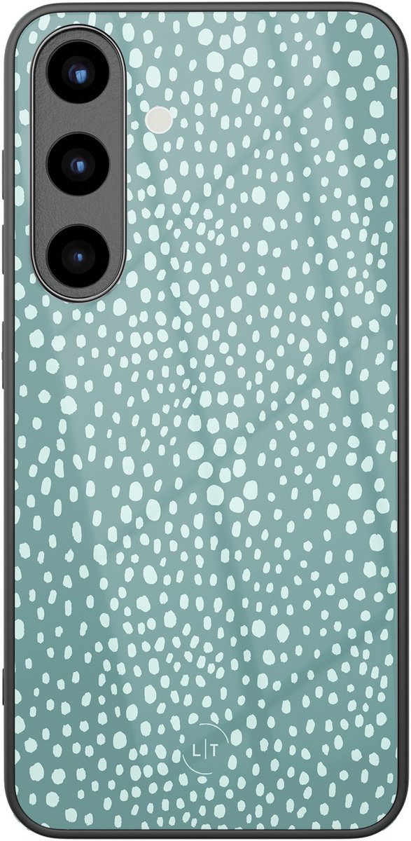 Hoesje geschikt voor Samsung Galaxy S25 - Blue dots - Luxe Glazen Hardcase - Gestipt - Blauw
