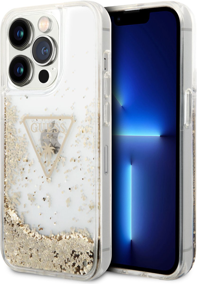 Guess Back Cover - Apple iPhone 15 Pro - Transparant - Liquid Glitter - Gouden Logo