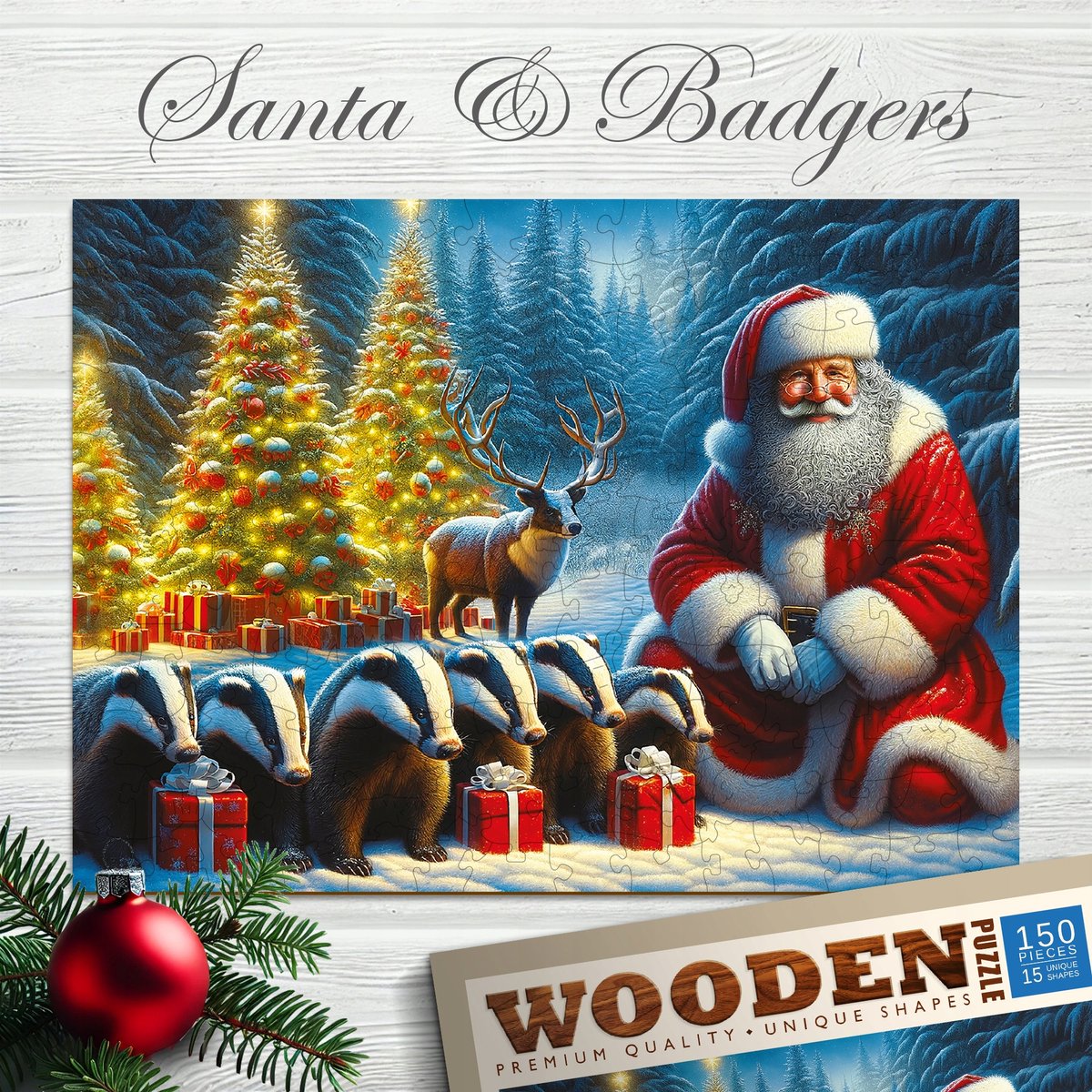 Houten kerstpuzzel 150 stukjes: Kerstman & Dassens