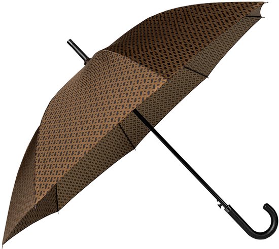 Een geopende bruine paraplu met een all-over zwart monogrampatroon. De paraplu heeft een zwarte steel en een gebogen handgreep.