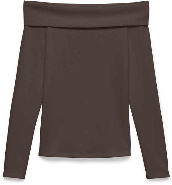 Bruine off-shoulder top met lange mouwen.