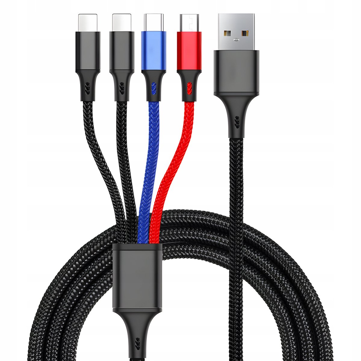 4-in-1 USB-kabel: USB-C, Micro USB, Lightning, 1,2 m, Veelkleurig