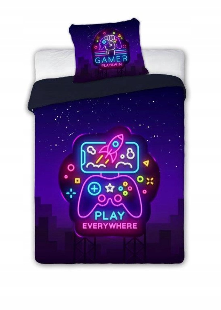 Neon Game Gamepad Katoenen Dekbedovertrek Set 160x200 cm