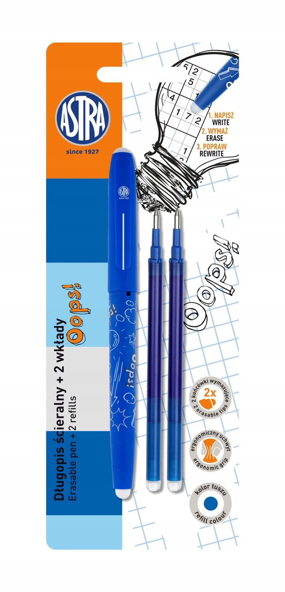 Astra Oops! Uitwisbare Pen + 2 Blauwe Navullingen