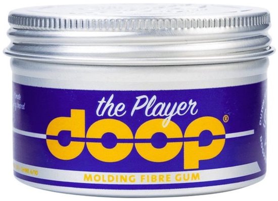 Aluminium potje 'the Player doop Molding Fibre Gum' met een paars label en gele letters.