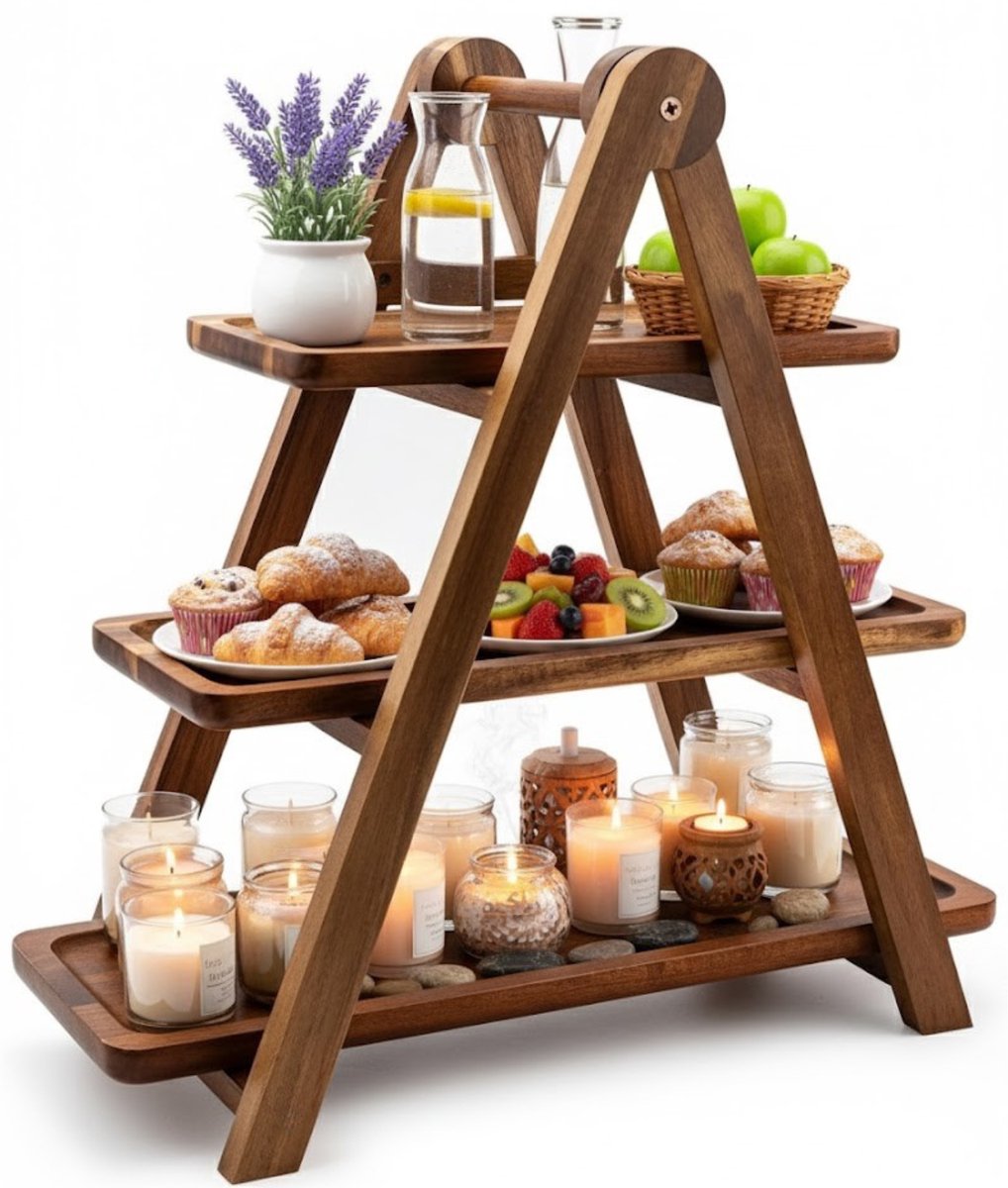 Lomera Etagere Plataan Hout - 3 Lagen Etagere - Serveertoren Hout - Robuust En Stevig - Inklapbare Etagere - Scharnierende Staanders - Serveerplanken Hout - Stoer Design - Makkelijk Op Te Bergen - Natuurlijke Uitstraling - Stevige Constructie