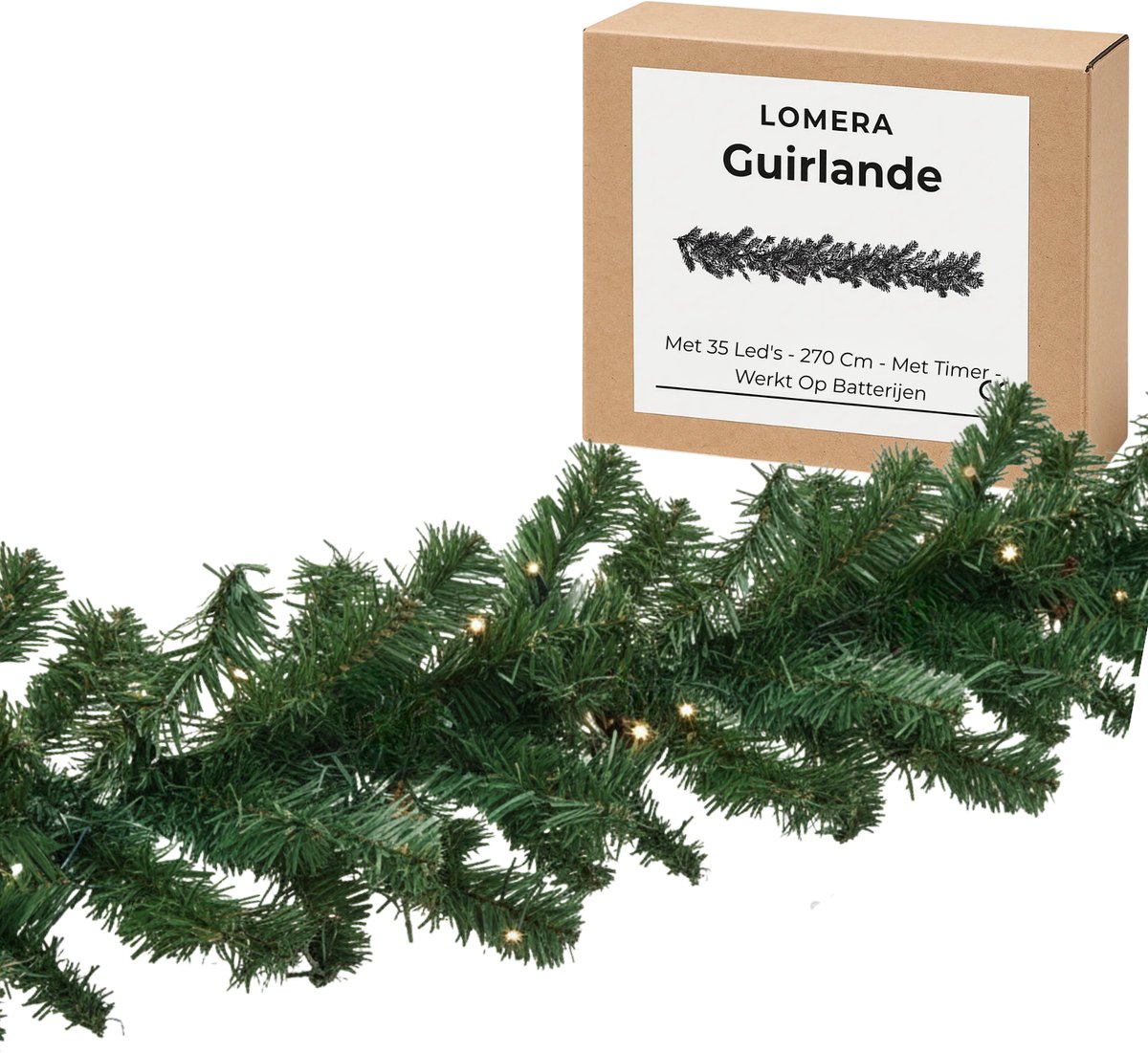 Lomera Guirlande met LED - 270 CM Lengte - Kerstguirlande - Warm Wit Licht - Werkt op Batterijen - Kerst Slinger - Binnenshuis Gebruik - Dennetak Guirlande - Kerstslinger met Verlichting - 6 Uurs Timer - Kerstdecoratie – foto 5