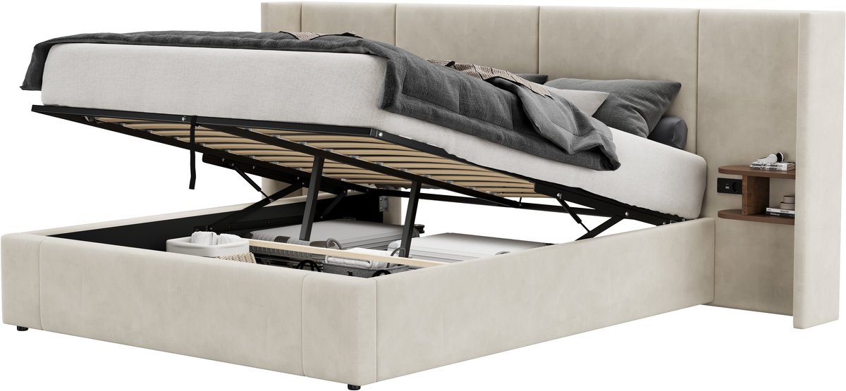 Merax Gestoffeerd Bed - 160x200cm - Bed met Opbergruimte - Fluwelen Stof - Met USB en Stopcontact - Inclusief 2 Nachtkastjes - Beige