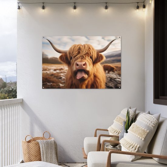 Affiche de jardin 120x80 cm - Décoration de jardin Highlander écossais - Langue - Cornes - Affiche pour le jardin - Décoration extérieure - Peinture murale de clôture - Toile de jardin décoration murale - Décoration murale toile de balcon
