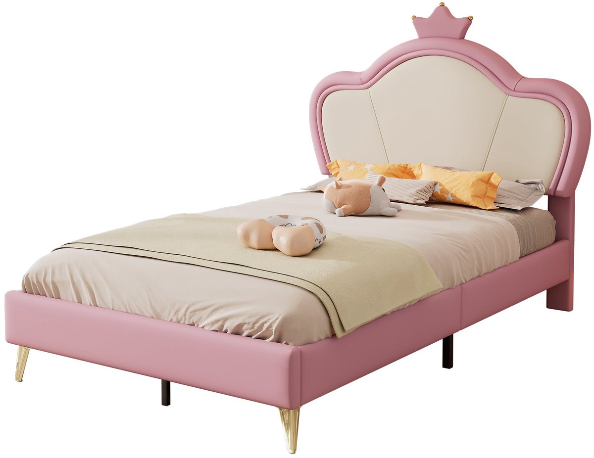 Merax Kinderbed 90x200 cm – Roze met Wit Kunstleer Gestoffeerd Bed - Eenpersoonsbed met Kr