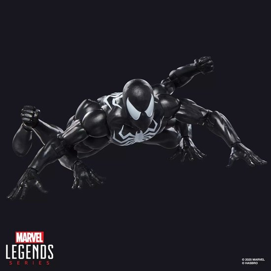 Marvel Legends Dark Avengers Spider-Man actiefiguur, zwart met wit spinnenlogo en zes extra armen, vliegend.