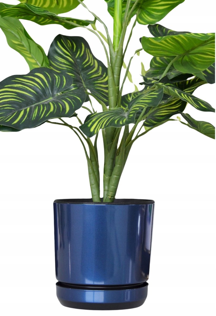 12 cm Decor Pot met Schotel, Donkerblauw Glanzend, Kunststof