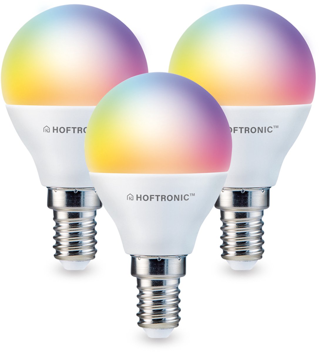 HOFTRONIC SMART E14 SMART Wifi LED Lamp 3 Stuks - RGBWW 5.5 Watt 470lm P45 Dimbaar - Bedienbaar via Hoftronic Smart App - Bedienbaar via stem