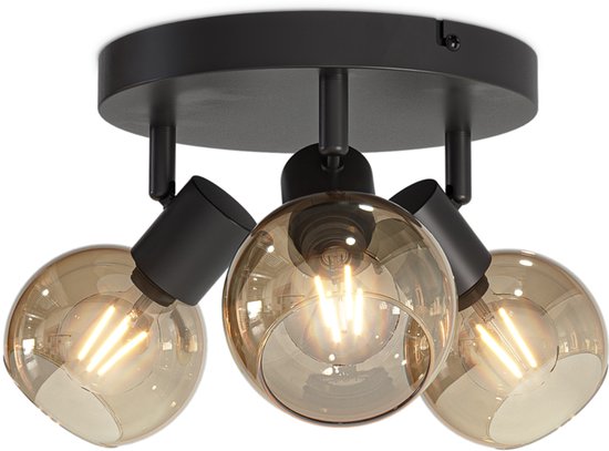 HOFTRONIC - Glazura LED Plafondlamp rond - Glazen Bollen - Amberkleurig Glas - 3 spots (excl.) - E14 fitting - Amber - IP20 - Plafondlamp Rookglas - Afzonderlijk kantelbaar & draaibaar - 2 jaar garantie