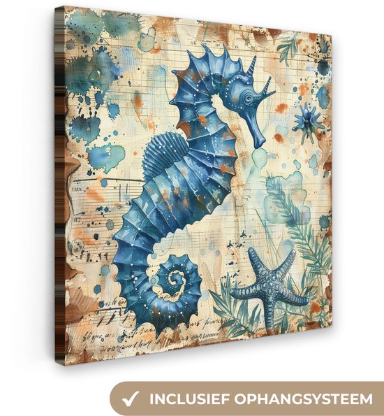 Canvas schilderij 50x50 cm - Wanddecoratie badkamer Vintage - Zeedieren - Zeepaardje - Watercolor - Blauw - Muurdecoratie WC - Decoratieve accessoires - Toilet muur decoratie - Schilderijen op canvas