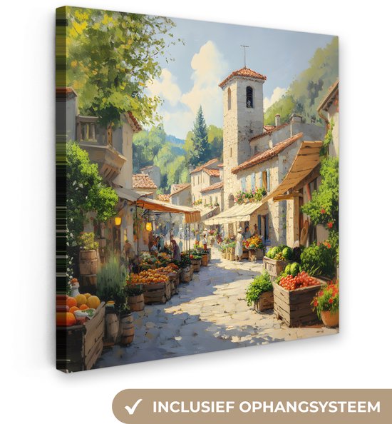 Canvas schilderij 20x20 cm - Exclusieve wanddecoratie Dorp - Zon - Kraampjes - Huizen - Muurdecoratie woonkamer - Slaapkamer decoratie - Kamer accessoires - Schilderijen op canvas