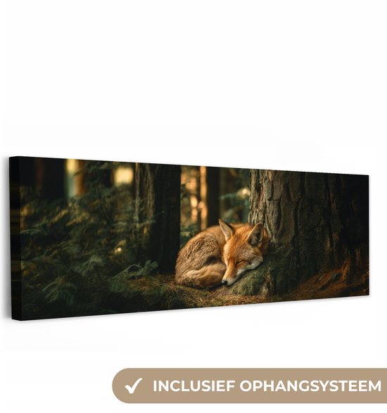 Canvas schilderij 150x50 cm - Exclusieve wanddecoratie Vos - Bos - Slapen - Muurdecoratie woonkamer - Slaapkamer decoratie - Kamer accessoires - Schilderijen op canvas