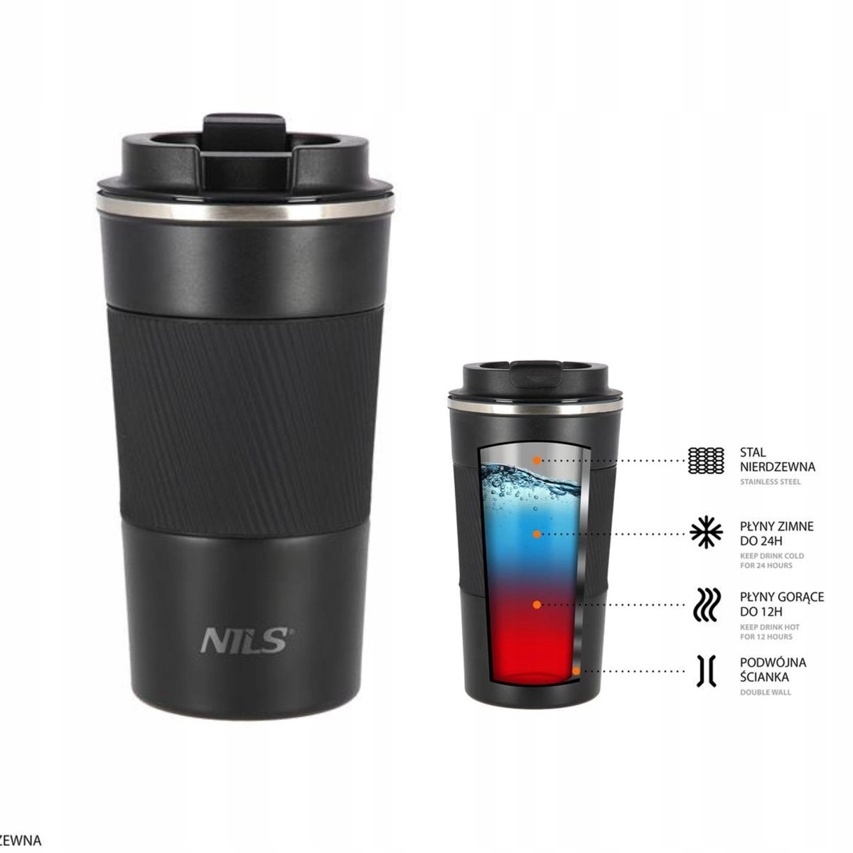 Nils Thermosbeker Zwart 510ml - Comfortabele Greep & Dubbele Wand