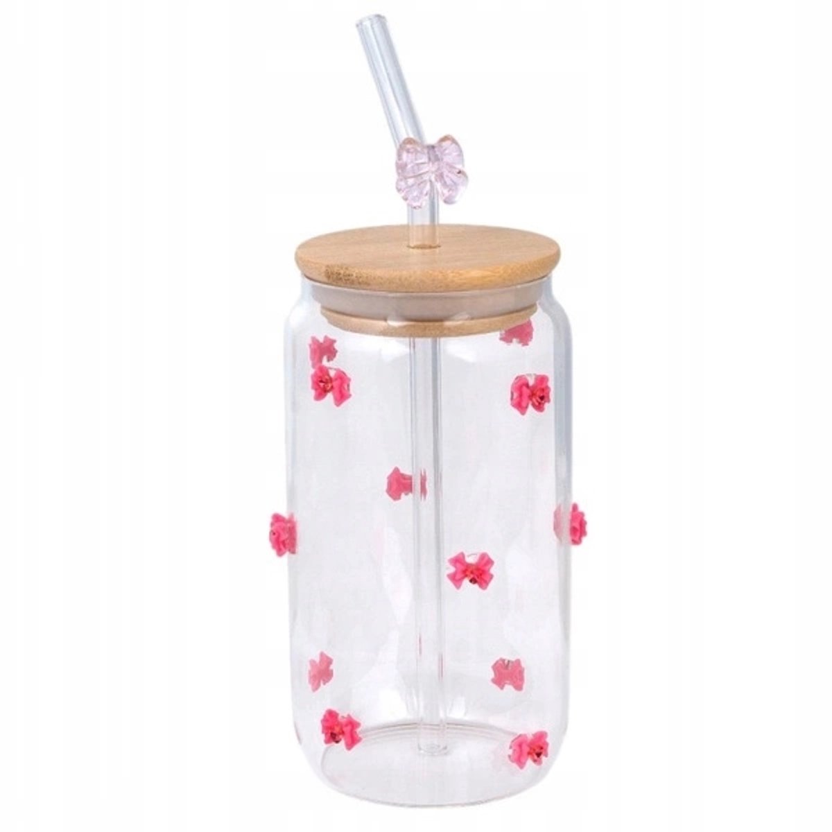ECARLA Glazen Mok met Bamboe Deksel en Rietje - 460ml, Zirkonia Strikjes