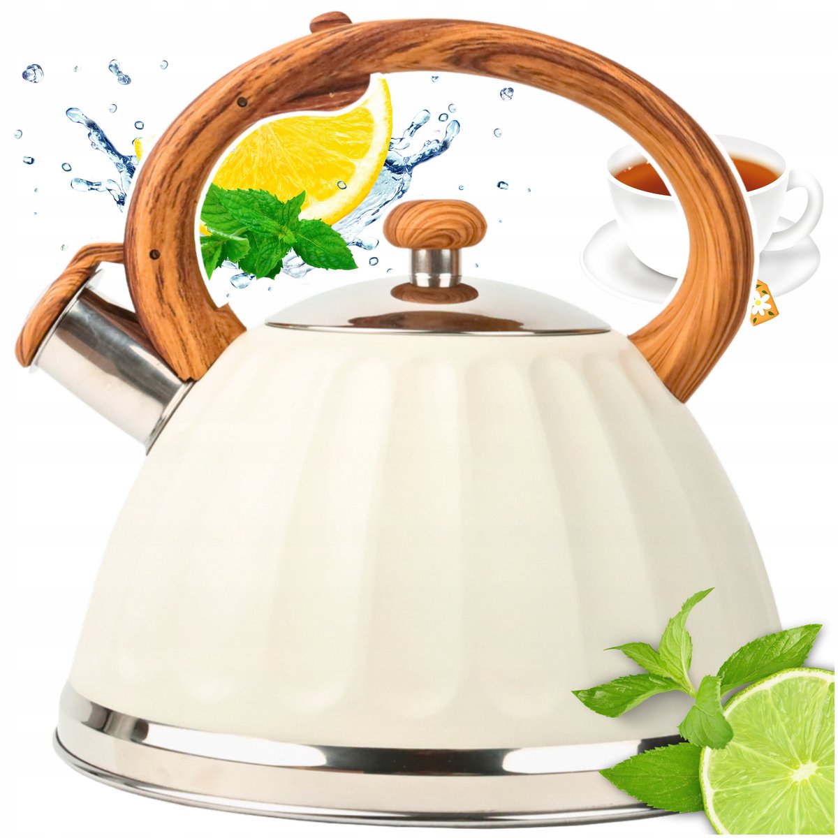 Klassieke RVS waterkoker 3L crème met fluitje en houten handvat