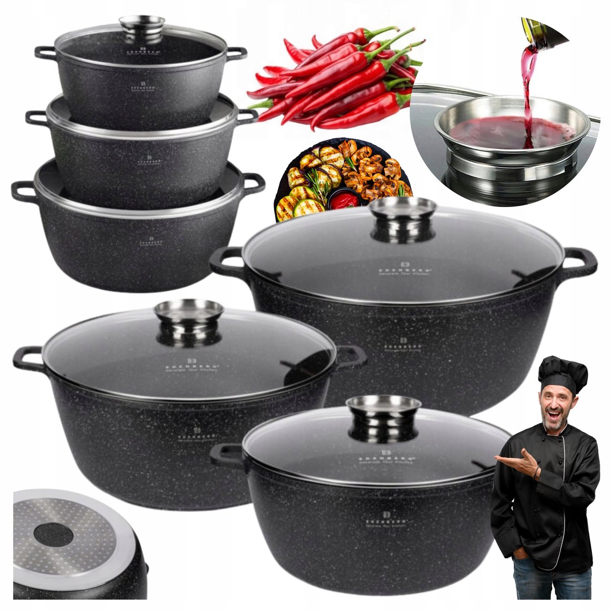 Marmite Set 6 Delen 28/32/36cm met Glazen Deksel & AROMA KNOP
