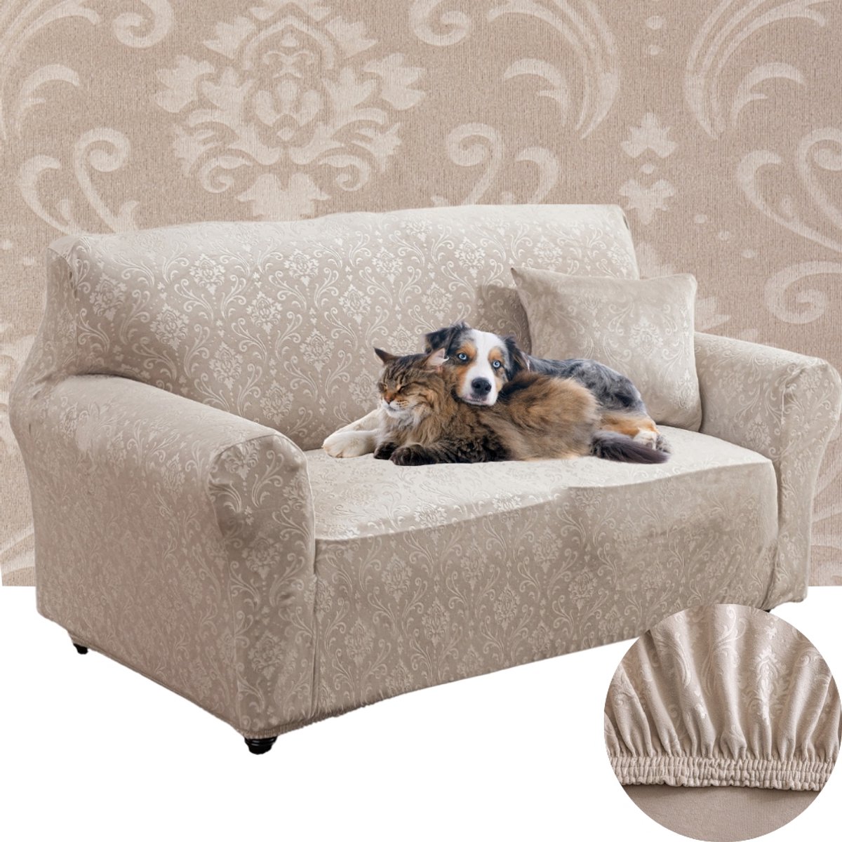 Elastische bankhoes 145-185 cm, beige velours met ornament, OEKO-TEX