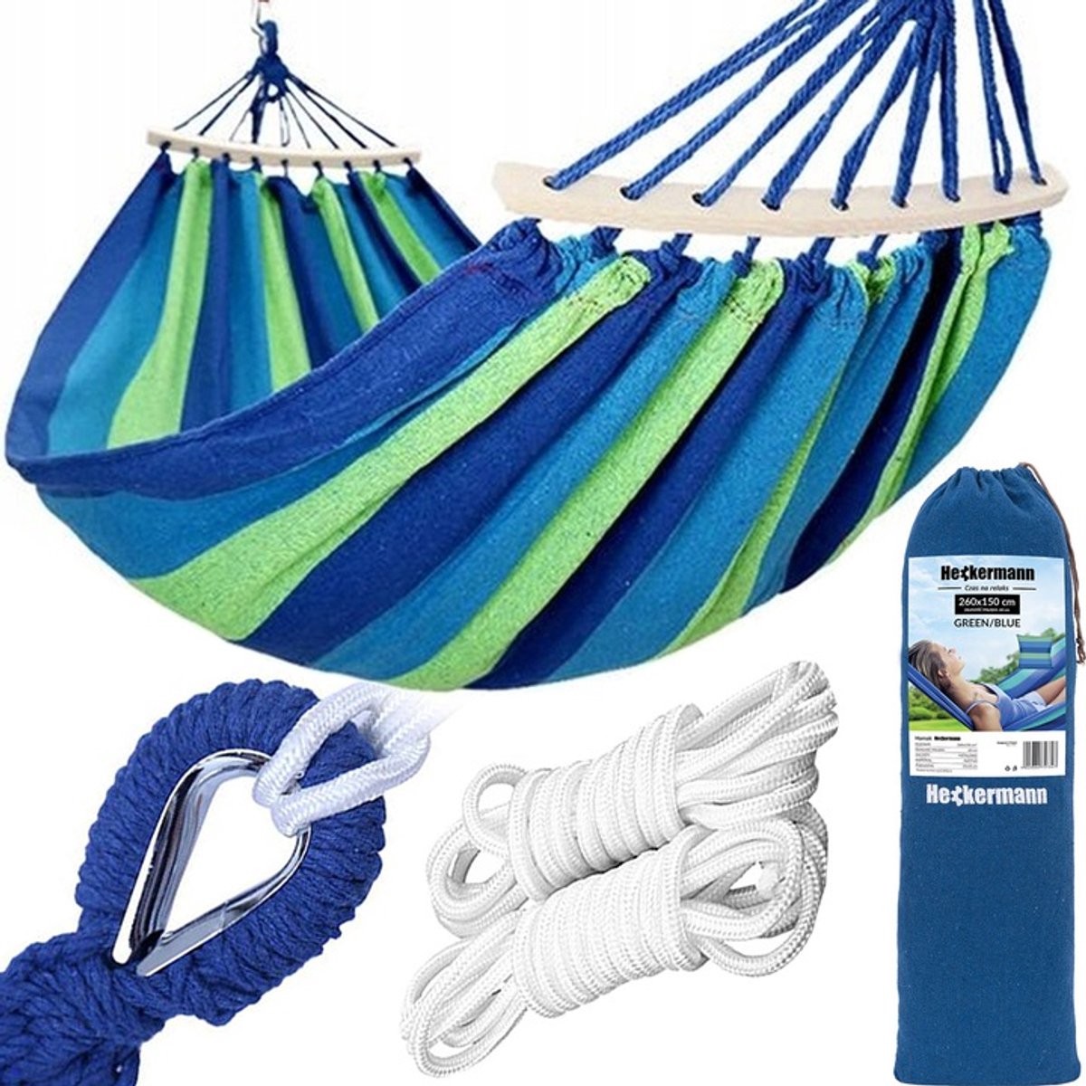 Grote 2-persoons Tuinhamak 260x150cm, 300kg, met Spreidstok & Draagtas