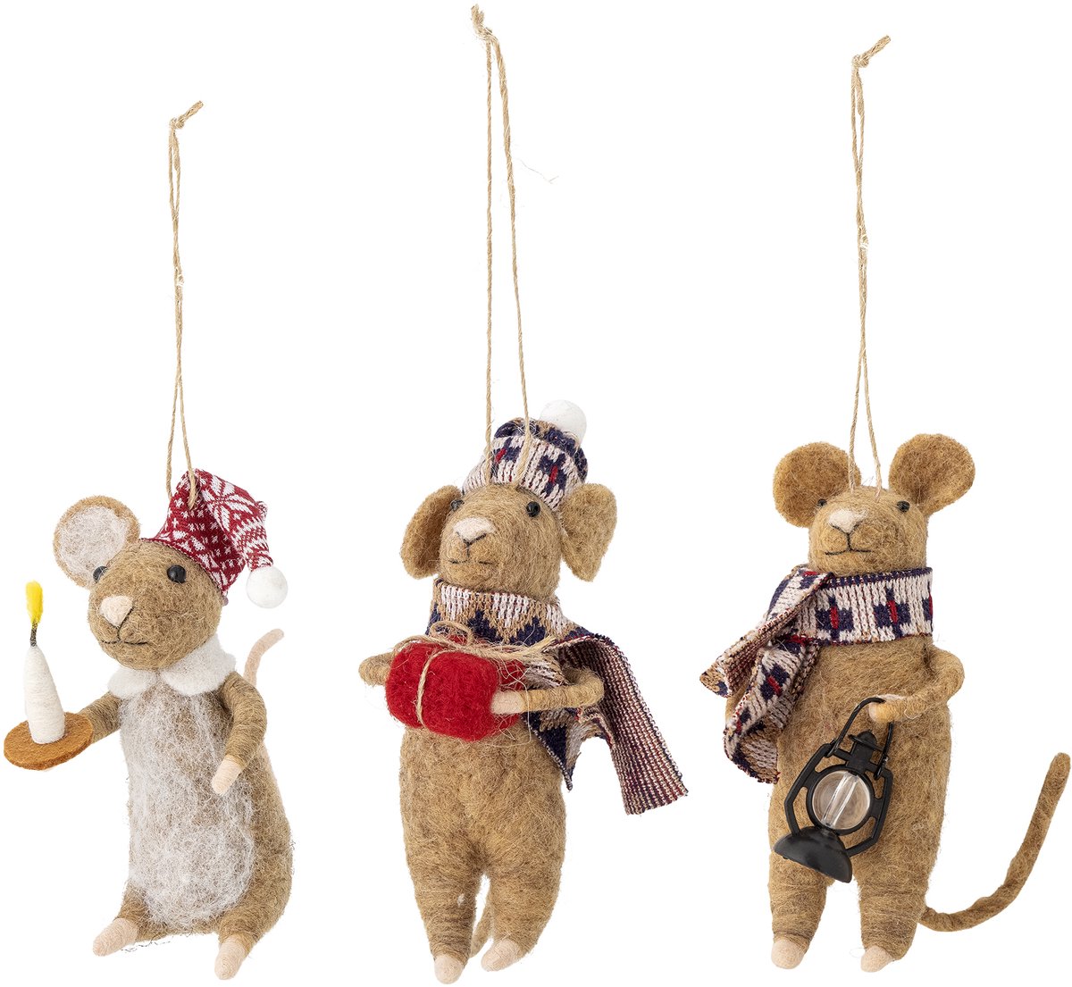 Bloomingville - Peo Ornament - Wollen muizen kersthangers - set van 3