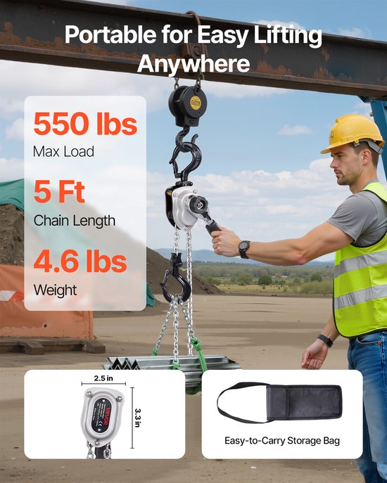 Produktbild von VEVOR Mini Hebelzug 1/4T – Handkettenzug Mit 3 M Hub, G80-Stahlkette, Sicher Und Kraftvoll