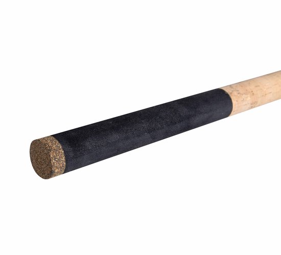 Einde van de feederhengel met kurken dop en zwart handvat.