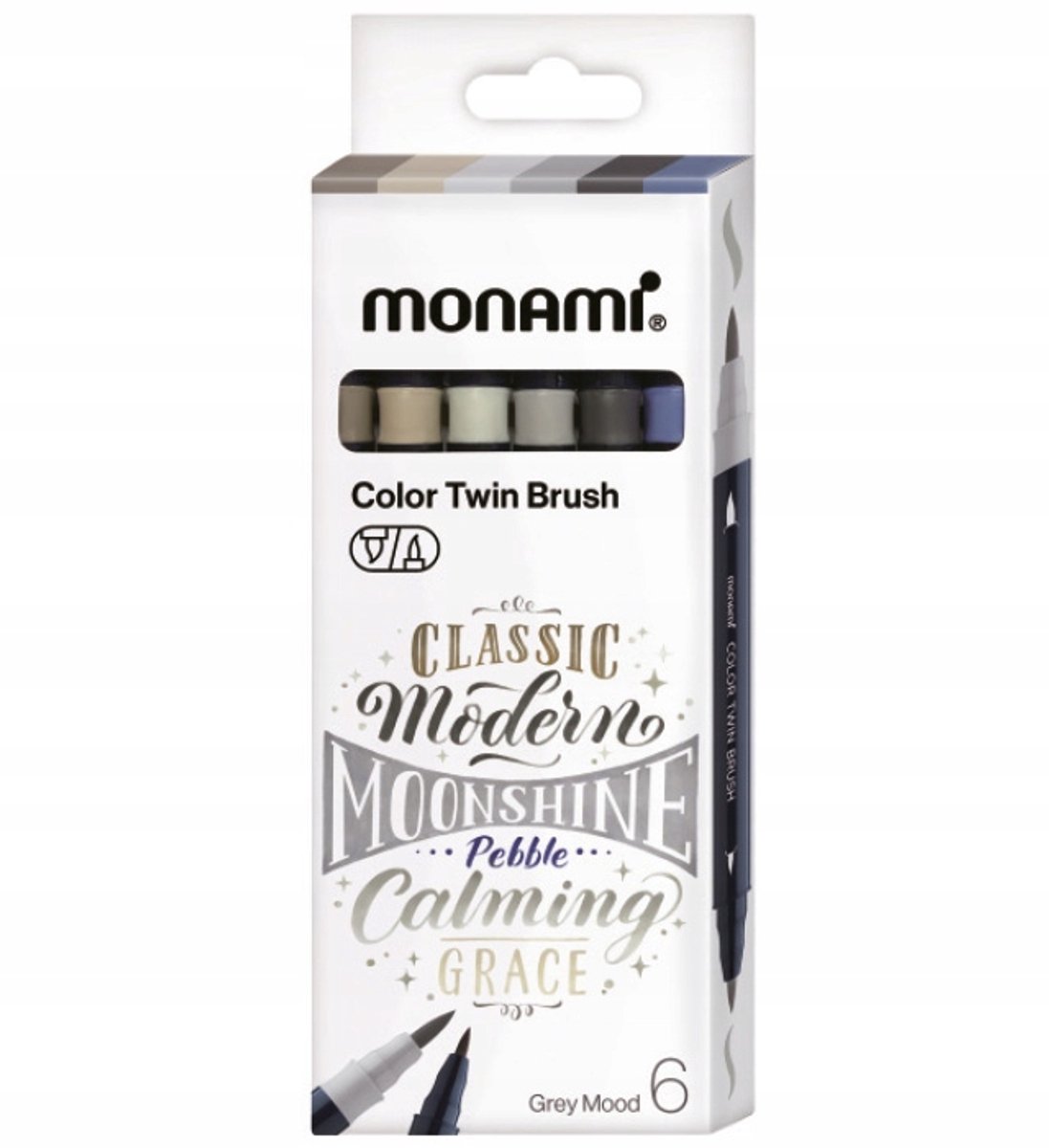 Monami Color Twin Brush Markers - 6 Grijstinten - Penseel & Fijne Punt