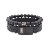 Milez - Armband set mannen - armband heren leer kralen - Zwart - Maat M