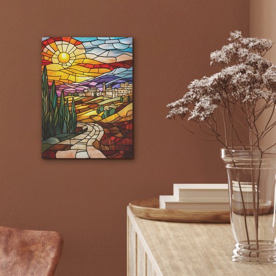 Akoestisch wandpaneel 30x40 cm - Vilt schilderij Mozaïek - Zon - Landschap - Dorp - Akoestische panelen - Geluidsdempende wanddecoratie - Geluidsisolatie woonkamer - Muurdecoratie geluidspanelen