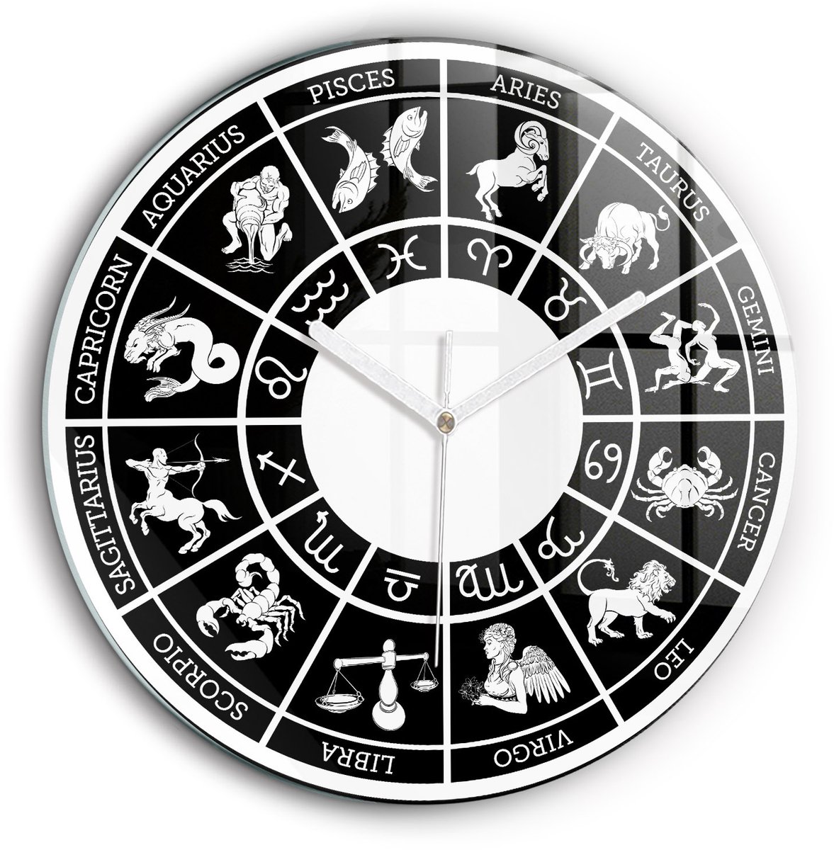 Wallfluent Wandklok - Zodiacaal Stijlvolle Klok - 60 cm x 60 cm - Zwart Wandklok - Witte Handen - Klok zonder getallen - Kinder Wandklok Glas - Unieke Wandklok - Minimalistische Klok - Klok met Afbeelding