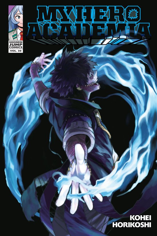 Manga cover met Dabi die blauwe vlammen rond zijn handen heeft. "MY HERO ACADEMIA VOL. 30" staat bovenaan.