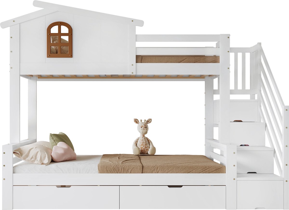 Merax Stapelbed Kinderbed 90x200 & 120x200 – Met Ladeblokken op Wieltjes - Exquise Ramen en Hoekladderkast – Stabiele Lattenbodems – Wit & Natuurlijk Hout