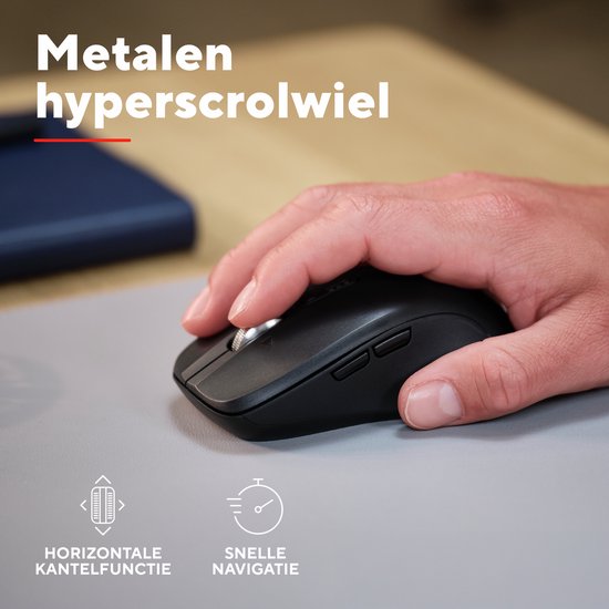 Hand die een zwarte muis met metalen hyperscrollwiel vasthoudt, met indicatie van kantelfunctie.