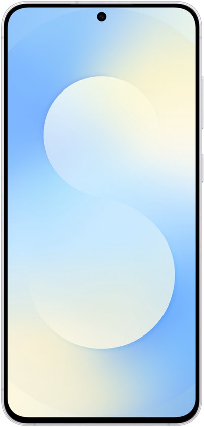 Lichtblauwe smartphone met een full-screen display en een subtiele, vervaagde cirkelvormige graphic.