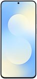 Lichtblauwe smartphone met een full-screen display en een subtiele, vervaagde cirkelvormige graphic.