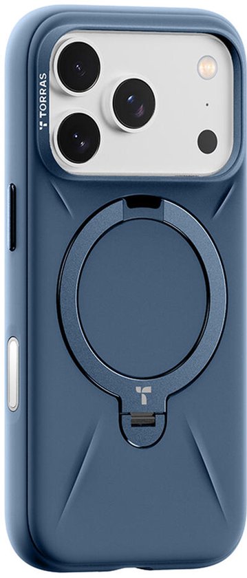 Donkerblauwe iPhone hoes met open ring standaard aan de achterkant.