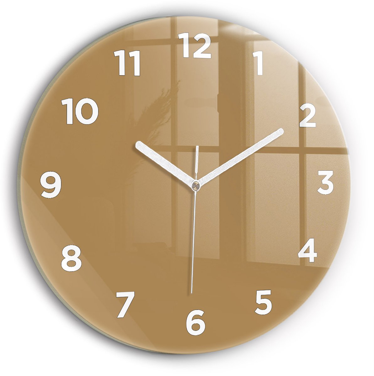 Wallfluent Wandklok - Beige Ronde Glazen Wandklok - 30 cm x 30 cm - Beige Wandklok - Witte Handen - Wandklok Met Cijfers - Wandklok voor in de Keuken - Ronde Glas Klok - Scandinavisch Wandklok - Ronde Glazen Klok