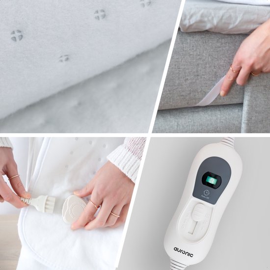 Collage: detail van witte stof met stippen, een hand die een witte kabel in een witte connector steekt, een hand die elastiek om een matras legt, en een witte controller met grijze details.