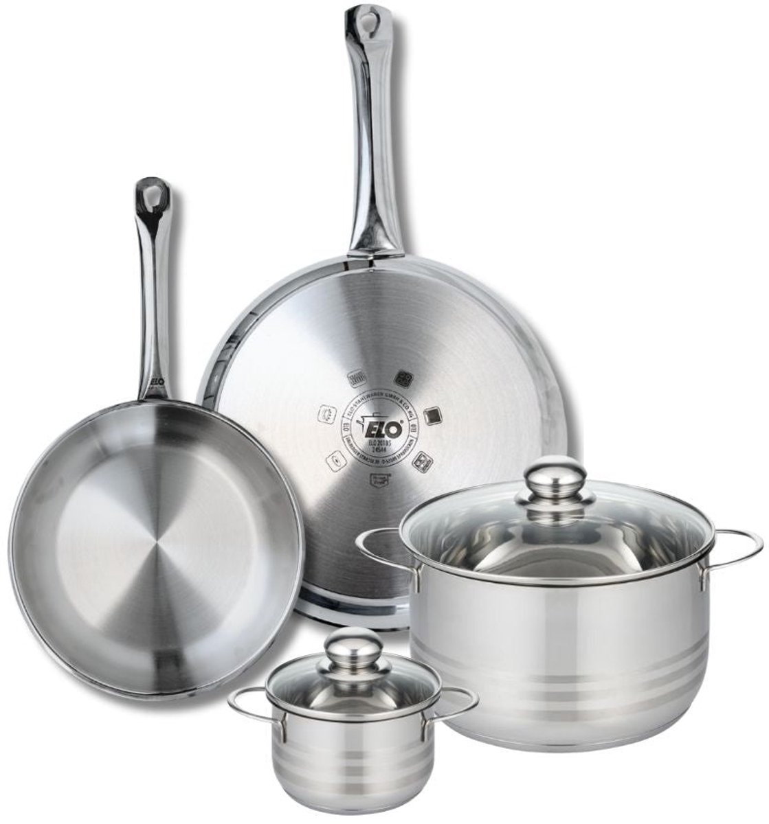 Set van 2 Koekenpannen 24 en 28 cm en 2 Kookpotten 12 en 20 cm Elo Profi Brillant