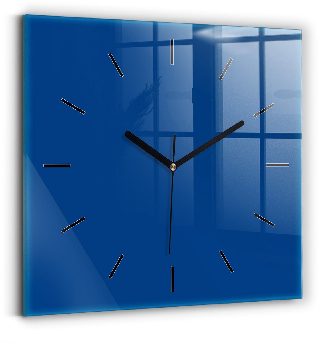 Wallfluent Wandklok - Blauw Vierkante Glas Klok - 30 cm x 30 cm - Blauw Wandklok - Zwarte Handen - Wandklok Zonder Cijfers - Wandklok Glas Woonkamer - Vierkante Glazen Klok - Minimalistisch Wandklok - Vierkante Glazen Wandklok